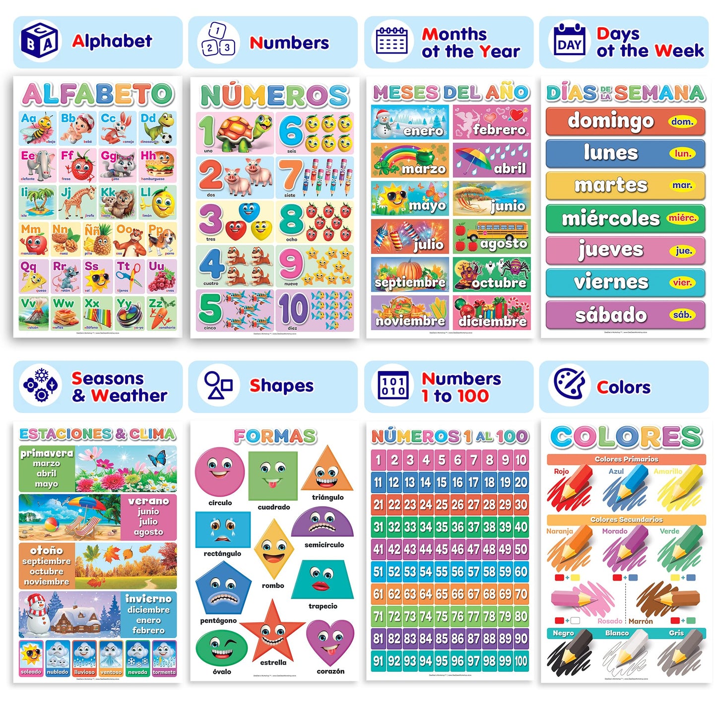 DeeDee's Workshop 16 Spanish Classroom Posters - Spanish Learning for Kids, Abecedario para Niños en Español, Days of the Week & Calendar