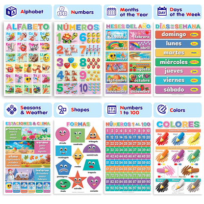 DeeDee's Workshop 16 Spanish Classroom Posters - Spanish Learning for Kids, Abecedario para Niños en Español, Days of the Week & Calendar