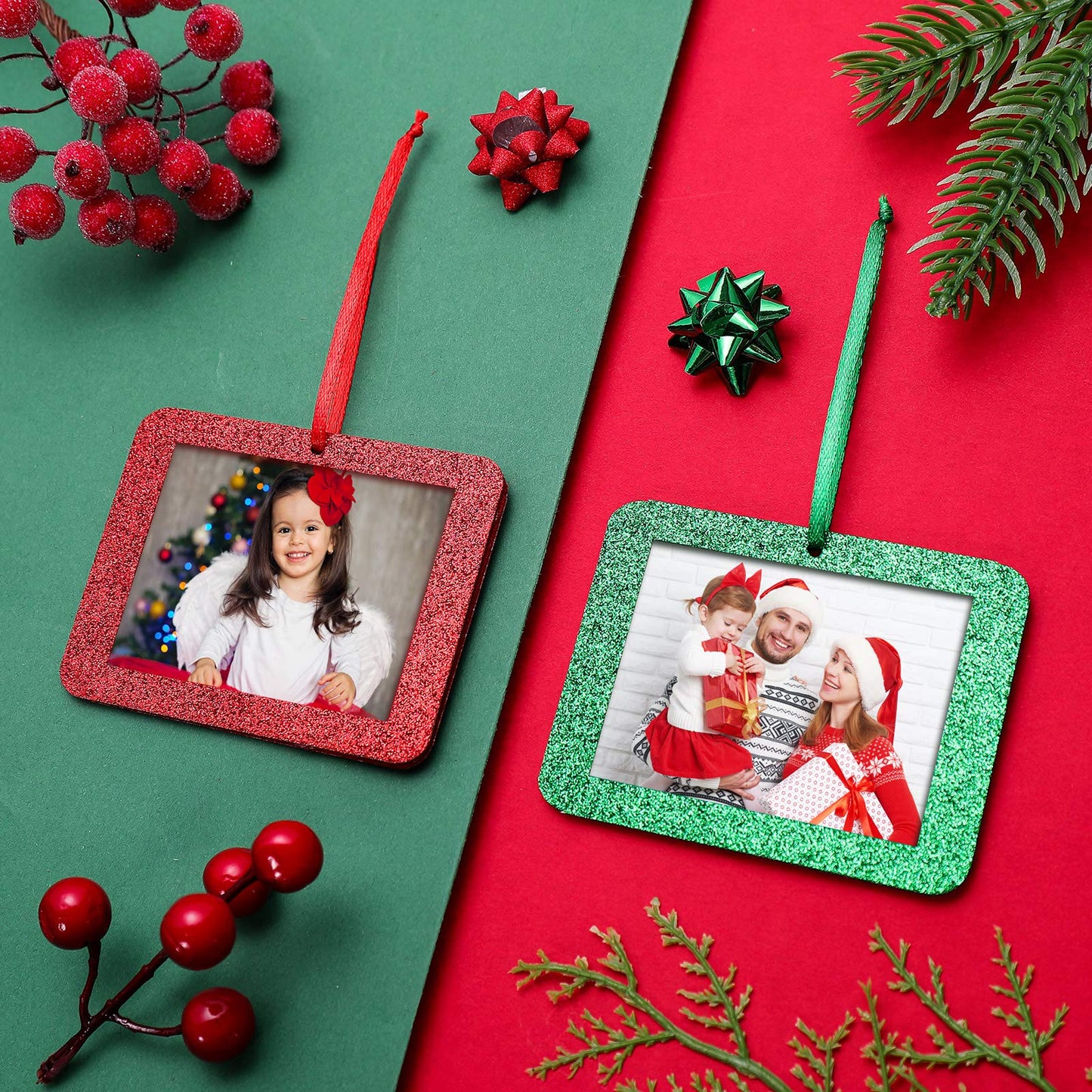 Jetec 36 Pieces Christmas Photo Ornament Frames Mini Felt Glitter Hanging Photo Frame Small Holiday Frames Christmas Tree Decoration for Present Christmas Tree Picture Frames (Red, Green)