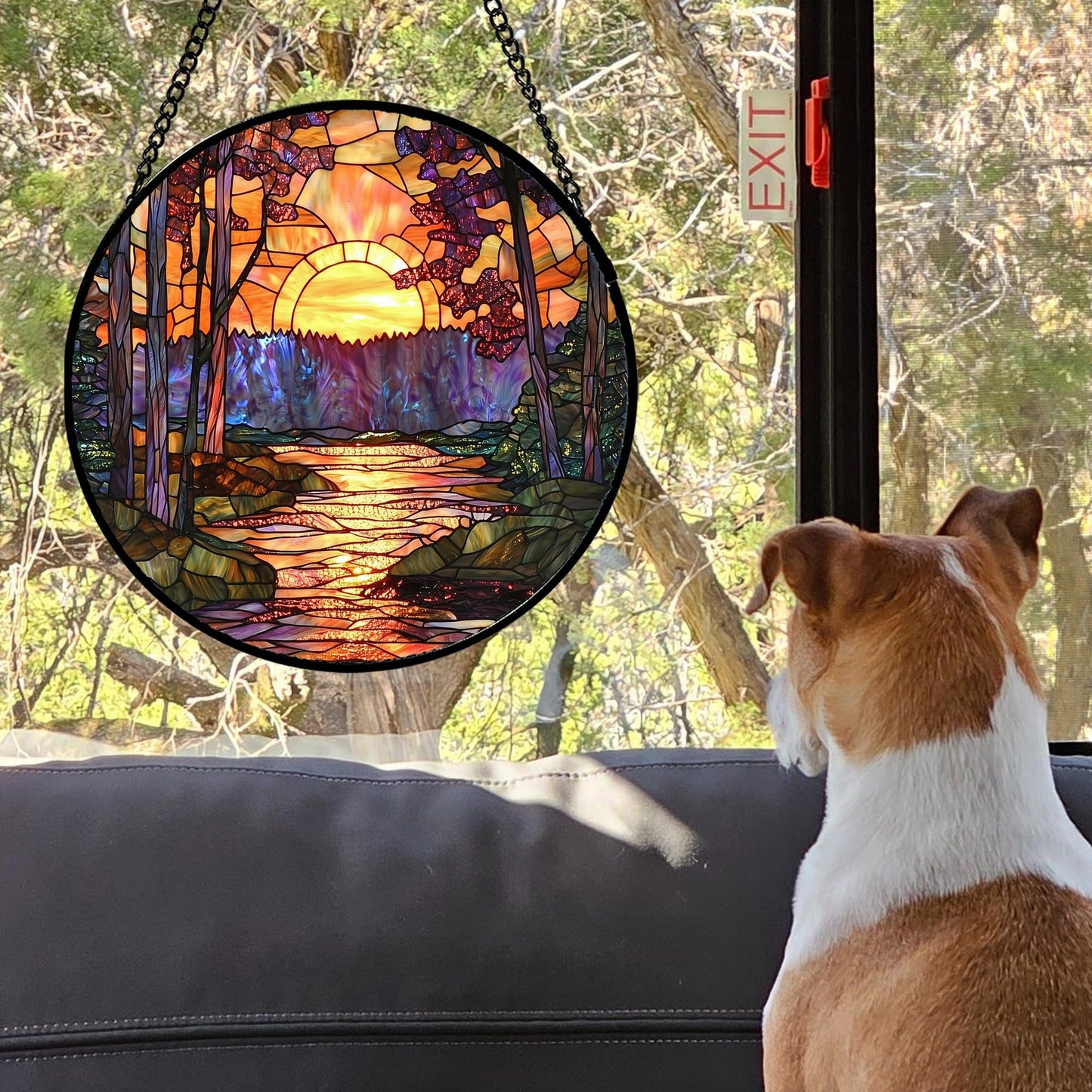 JOSUMALY Stained Glass Window Hanging, Orange Landscape Green Purple Lake Forest Suncatcher for Doors Window Home Sun Catchers Decor Mother's Day Birthday Gifts for Women Men Mom 9.8 in