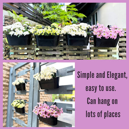 LaLaGreen Outdoor Rail Planter Plants (4 Pack, 11.2 Inch) Black Metal Iron Hanging Flower Pots Deck Railings Fence Buckets Modern Boho Style Wall Mount Window Box Plant Holder with Hooks Porch Decor