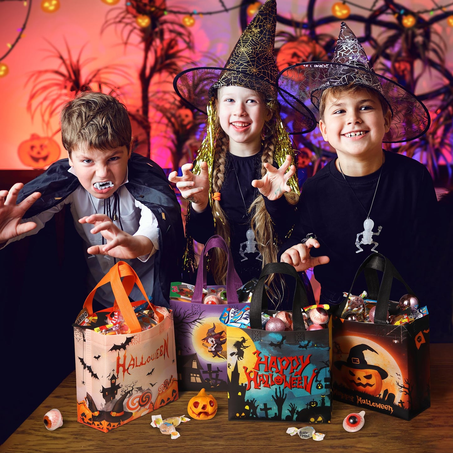 TONESPAC 24 PCS Halloween Trick or Treat Bags, Non-woven Reusable Tote Halloween Candy Gift Bags with Handles for Gift Giving, Party and Trick or Treat (7.9 x 7.9 x 3.15 inch)