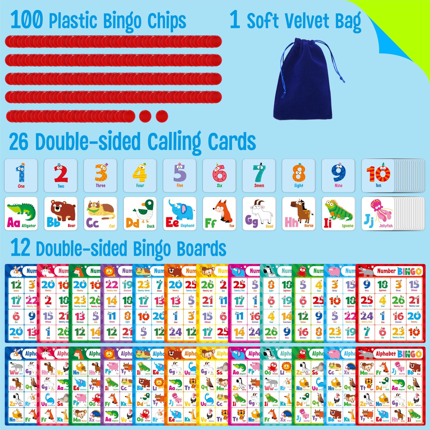 SpriteGru Alphabet Bingo Game, Uppercase/Lowercase/Number Bingo Game ABC and 123 Bingo Board Game for Kindergarten and Preschool Kids 4+, Perfect for Classroom & At Home