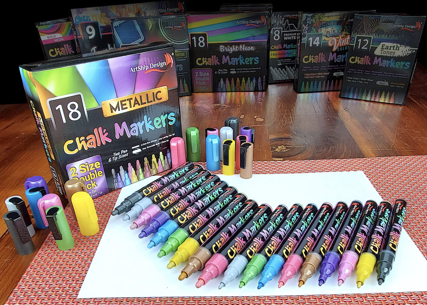 18 Metallic Chalk Markers - Double Pack of Both Fine and Reversible Medium Tip Liquid Chalk Pens Wet Erasable - Menu Boards, Glass, Windows, White Boards, Mirrors, Chalk Boards, Plastic
