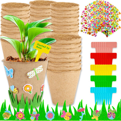 40 Set Garden Paper Craft Kit Include Round Paper Flowerpots Stickers Customized Self Adhesive Small Grass Labels DIY Flower Planting Pots Kit for Flower Plant Spring Summer Earth Day DIY Crafts