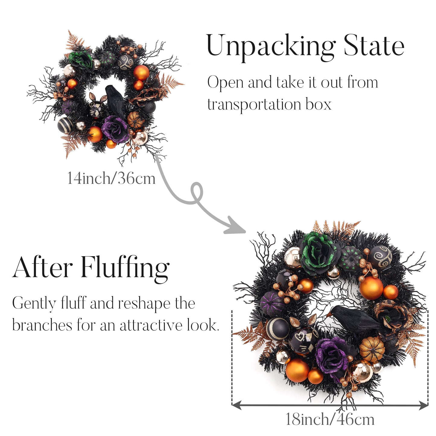 Valery Madelyn 18 Inch Halloween Wreath with Lights for Front Door, Collapsible Pre-Lit Wreath with Fake Crow Pumpkin Halloween Decorations for Home Wall Decor