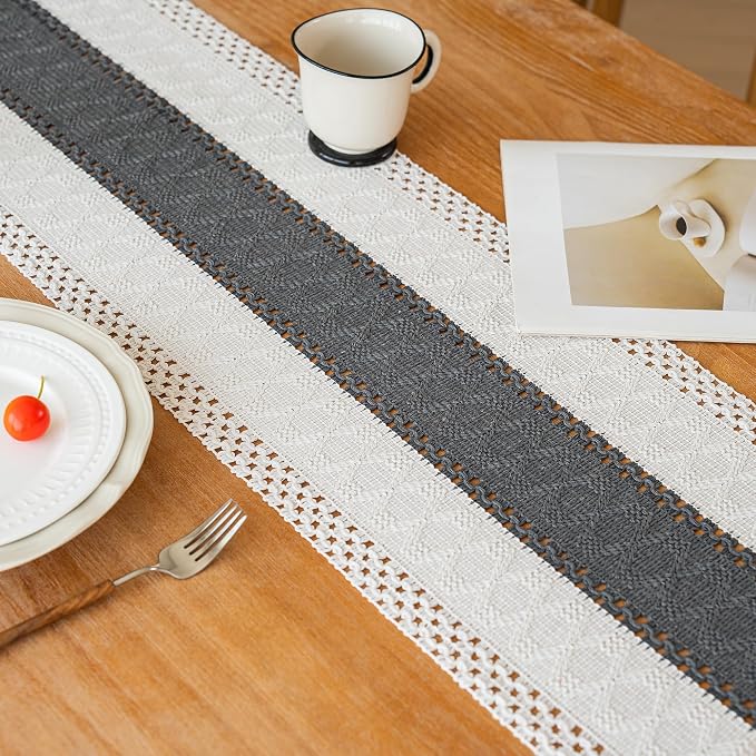 FEXIA Boho Table Runner for Summer Home Decor with Tassels 60 Inches Long Farmhouse Grey Rustic Burlap Table Runner Macrame Table Decoration for Kitchen Bedroom Living Room (12x60 Inches)
