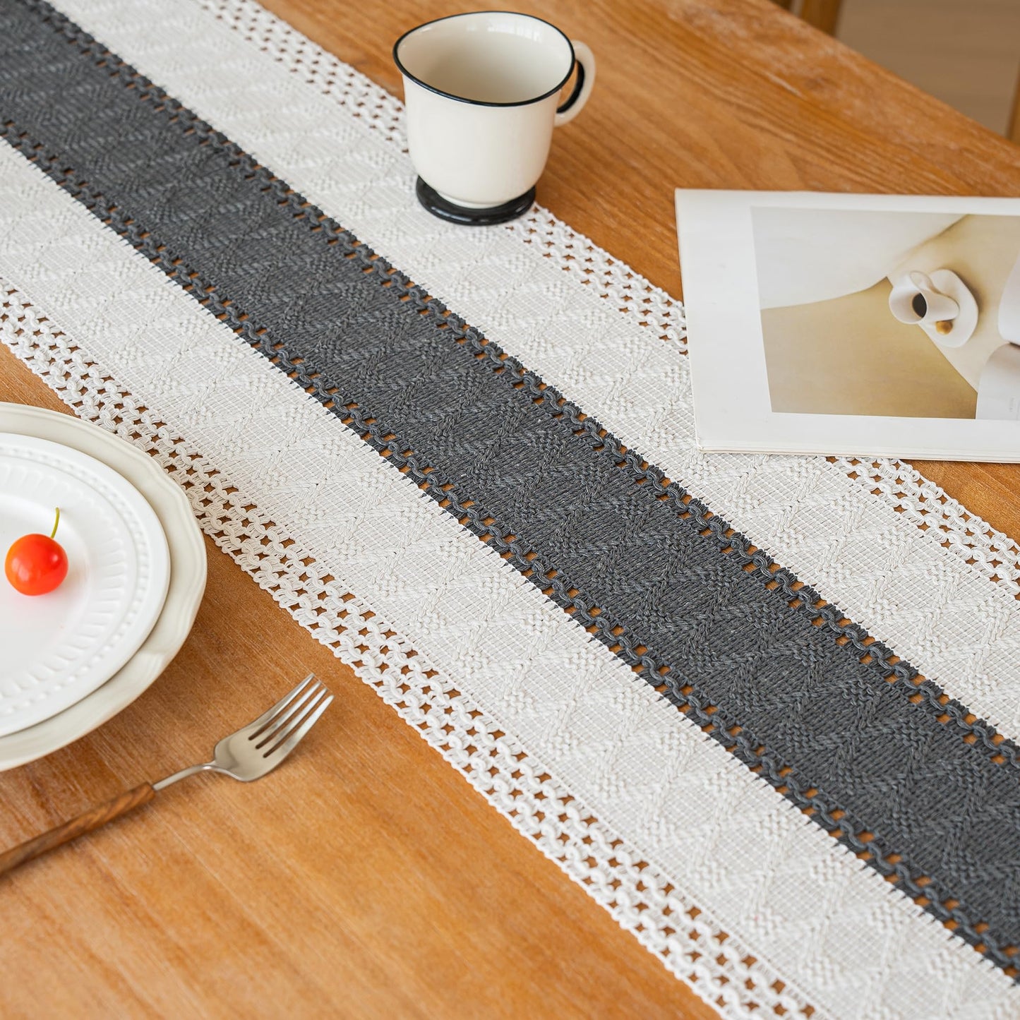 FEXIA Boho Table Runner for Summer Home Decor with Tassels 72 Inches Long Farmhouse Grey Rustic Burlap Table Runner Macrame Table Decoration for Kitchen Bedroom Living Room (12x72 Inches)