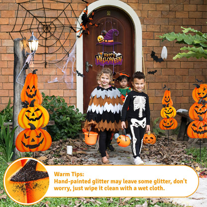 CAMATET Halloween Metal Pumpkin Yard Stakes, Detachable and Stackable Pumpkin Signs Garden Stake with Paper Witch Hanging Decor, Outdoor Halloween Decorations for Front Porch Lawn Party (Set of 6)
