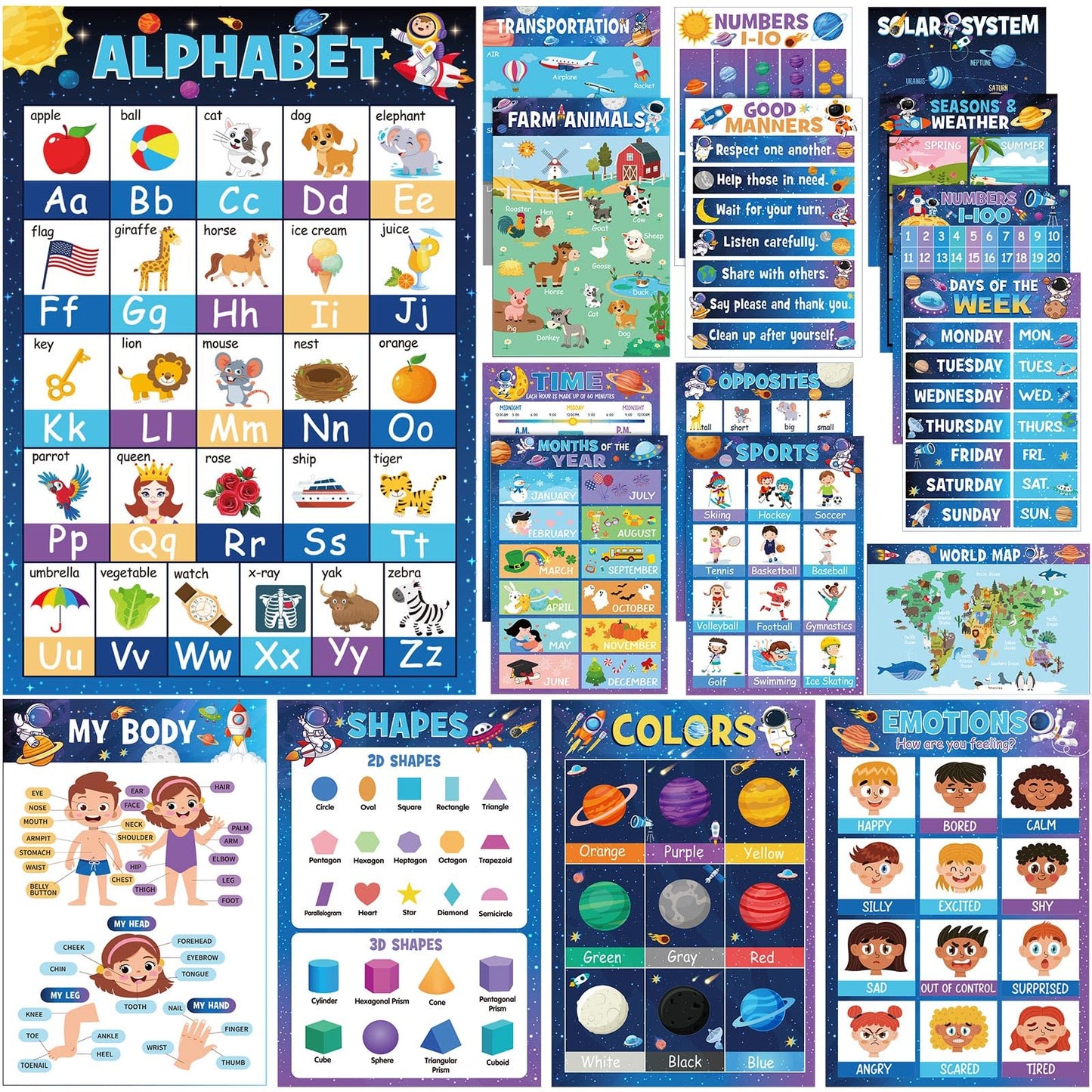 Funrous 18 Pcs Space Educational Posters for Classroom Decorations Preschool Kindergarten Elementary Toddlers Prek Learning Chart Material Us World Map, Abc Alphabet, Shapes, Numbers, Days of The Week