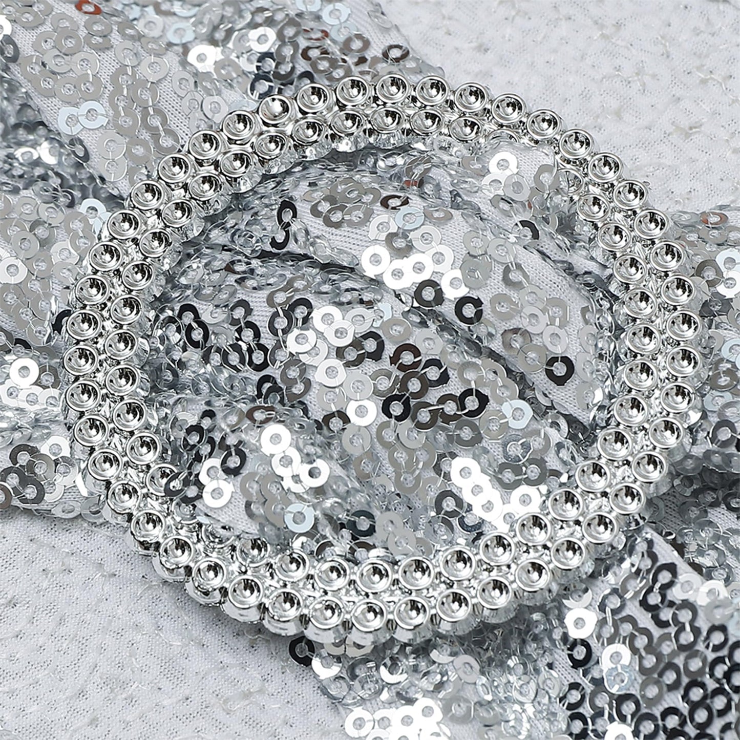 SINSSOWL Pack of 100 Spandex Sequin Silver Chair Sashes for Wedding, Chairs Bands Buckles for Party Folding Chairs Fiesta Baby Shower Christmas Decor - Silver Chair Sash Bows