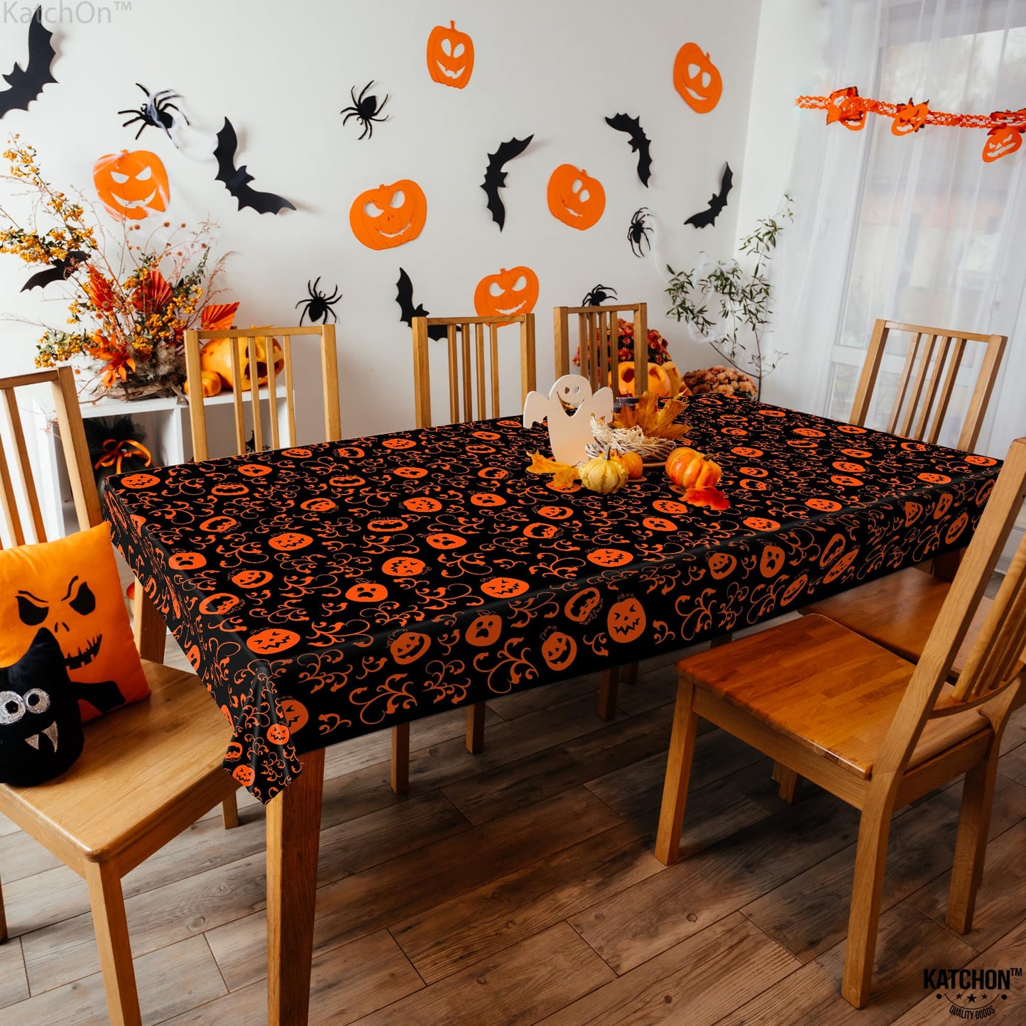 KatchOn, Pumpkin Halloween Tablecloth Plastic - 54x90 Inch, Pack of 3 | Pumpkin Tablecloth, Black and Orange Halloween Table Covers | Table Cloth Disposable