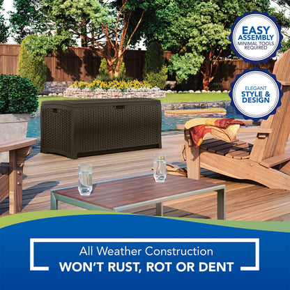 Suncast 73-Gallon Medium Deck Box - Lightweight Resin Indoor/Outdoor Storage Container and Seat for Patio Cushions and Gardening Tools - Store Items on Garage, Yard - Mocha Brown