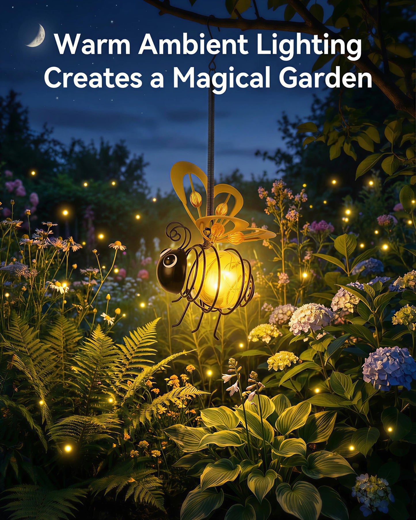 Solar Hanging Bee Light - Outdoor Metal Garden Decor with LED Glow, Yellow Body - Waterproof Solar Powered Insect Ornament for Yard, Tree, Porch, Patio - Gift for Women, Mom, Bee Lovers (1 Pack)