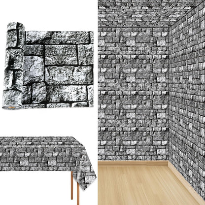 party greeting Brick Stone Wall Tablecloth Roll Disposable Stone Wrapping Plastic Table Cover Castle Backdrop for Halloween Western Birthday Medieval Party Decoration Favors Supplies 100FT x 51 Inch