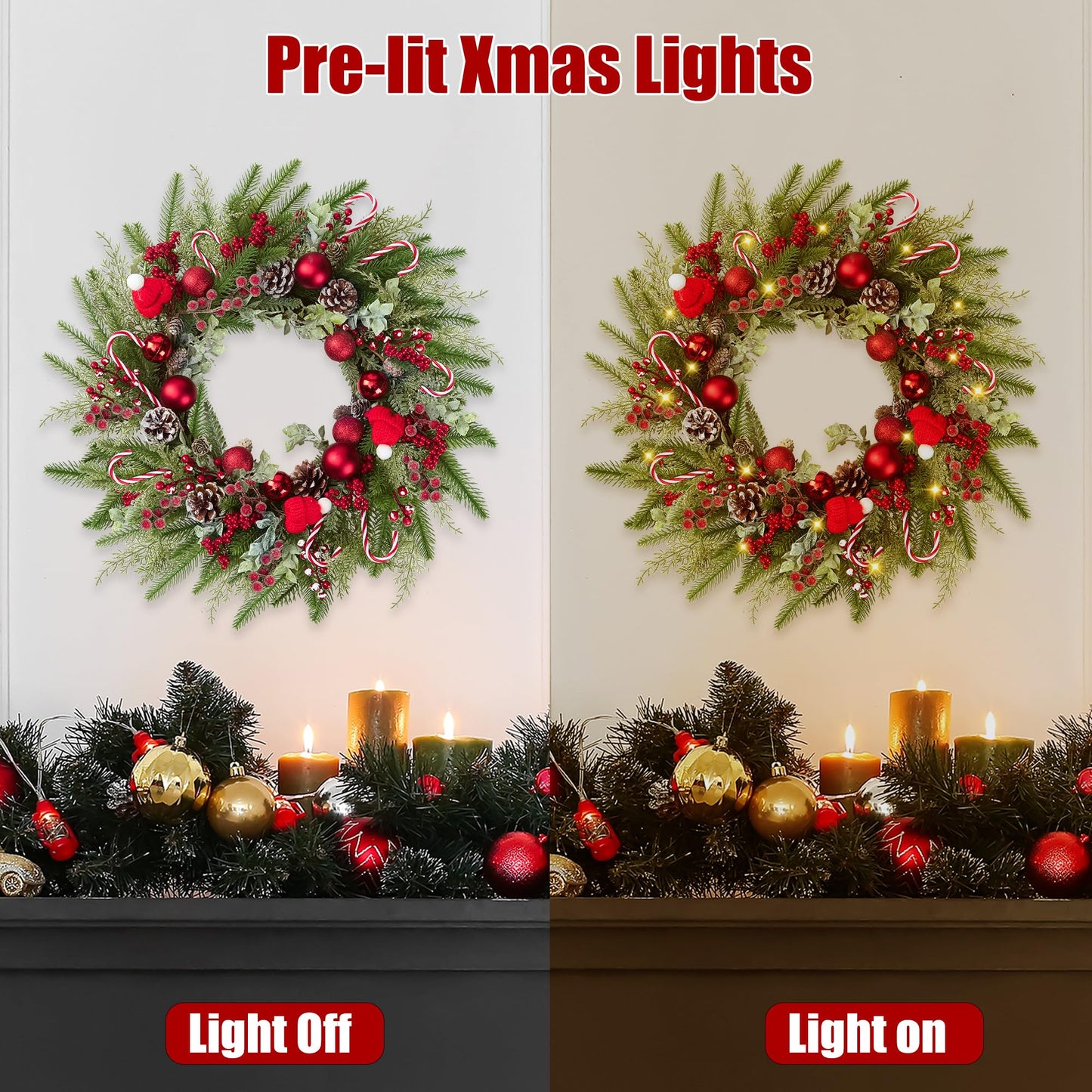 22’’ Artificial Christmas Wreath for Front Door with Red Balls Candy Canes Pine Needles Red Berries Pine Cones Christmas Decorations for Winter Wall Outdoor Home Holiday Xmas Decor