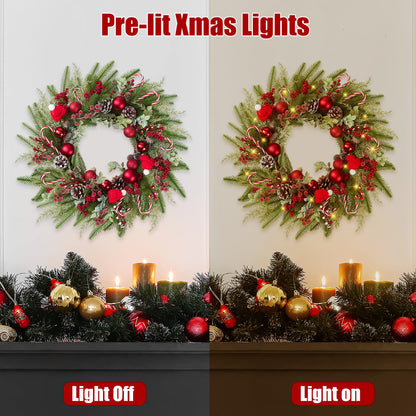 22’’ Artificial Christmas Wreath for Front Door with Red Balls Candy Canes Pine Needles Red Berries Pine Cones Christmas Decorations for Winter Wall Outdoor Home Holiday Xmas Decor