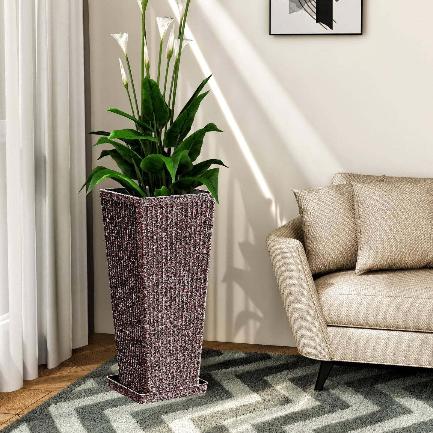 Diyfire Taper Tall Planters for Outdoor Plants Set of 2, 24 Inch Faux Stone Large Outdoor Planters for Porch with Drainage Tray Saucers & Holes, Fluted Tall Indoor Flower Pots for Patio Balcony, Brown