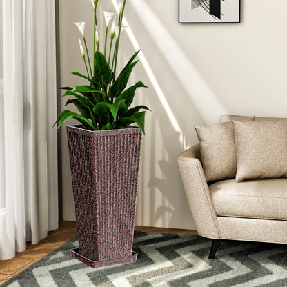 Diyfire Taper Tall Planters for Outdoor Plants Set of 2, 24 Inch Faux Stone Large Outdoor Planters for Porch with Drainage Tray Saucers & Holes, Fluted Tall Indoor Flower Pots for Patio Balcony, Brown