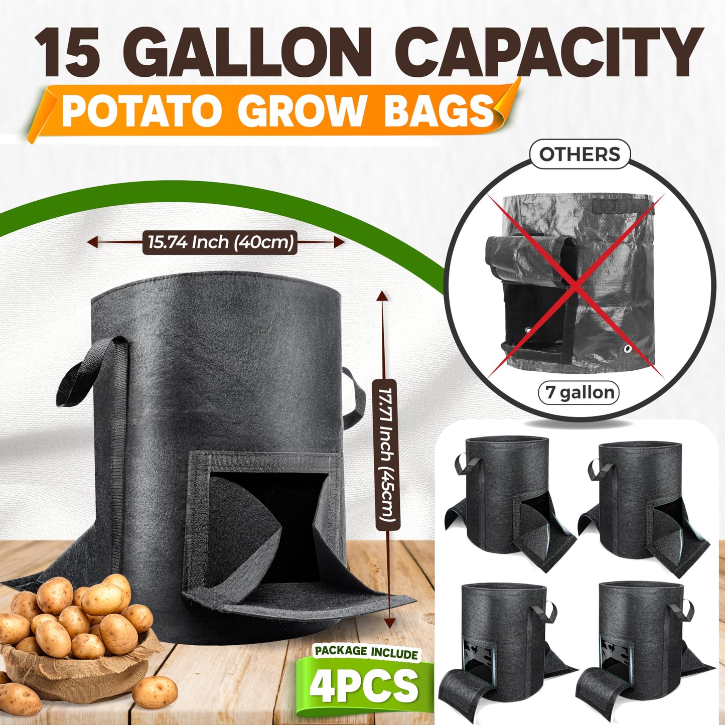 [Upgraded] 4Pcs 15 Gallon Potato Grow Bags with Unique Harvest Window & Visible Window, Non-Woven Planter Pot with Sturdy Handle, Potato Growing Container, Plant Garden Bags to Grow Vegetables, Tomato
