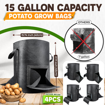 [Upgraded] 4Pcs 15 Gallon Potato Grow Bags with Unique Harvest Window & Visible Window, Non-Woven Planter Pot with Sturdy Handle, Potato Growing Container, Plant Garden Bags to Grow Vegetables, Tomato