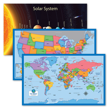3 Pack - Solar System Poster for Kids [Long] + Simplified USA & World Map Set [Blank] (LAMINATED, 18" x 29")