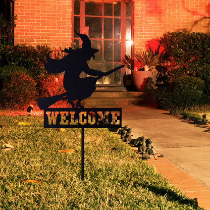 Whaline Halloween Welcome Sign with Stake Spooky Witch on Broom Door Hanger Sign Black Witches Silhouette Garden Stakes for Halloween Home Outdoor Garden Outside Yard Lawn Patio Decor