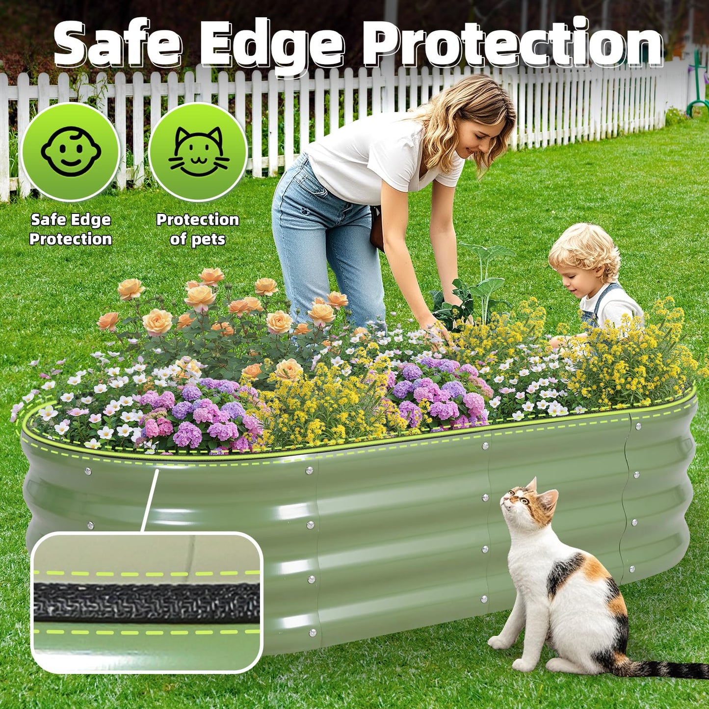 G GOOD GAIN Galvanized Metal Raised Garden Bed Kit - 4x2x1FT Outdoor Planter Box with Safety Edging and Gloves for Vegetables, Fruits, Flowers(Olive Green, 3PC)