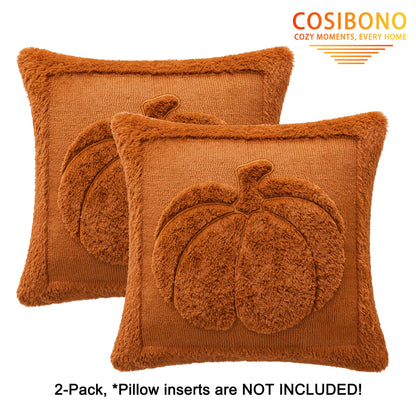 COSIBONO Rust Red Pumpkin Fall Throw Pillow Covers 18x18, Set of 2 Cute Fall Halloween Pillow Cases for Sofa Autumn Decor Soft Faux Fur Farmhouse Cushion Covers for Thanksgiving Living Room Bedroom