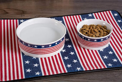Bone Dry Ceramic Food & Water Bowls for Pets Non-Slip for Secure, Less Messy Feeding, Microwave & Dishwasher Safe, Single Dish Large, 7.5x2.4", Red White & Blue