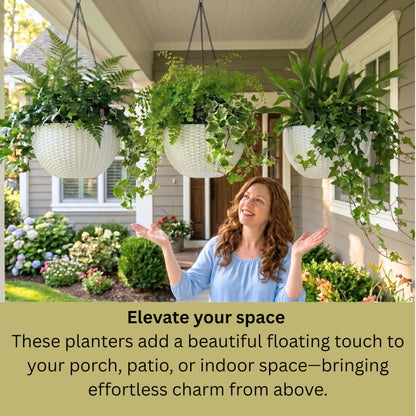 LaLaGreen Bundle- 4 Pack, 11 Inch Self Watering Hanging Basket + 2 Pack, 14 Inch White Rectangular Planter Window Flower Box with Bracket Round Plant Pots Outdoor Balcony Patio Porch Deck Garden Decor