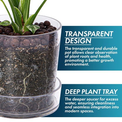 Phoenix Vine 4.5 Inch 6.5 Inch Clear Acrylic Houseplants Planter Pot with Tray, Orchid Pot with Drainage Holes, Deep Saucer for Bottom Watering, Transparent Containers for Indoor Plants, Herbs, 91-B-W