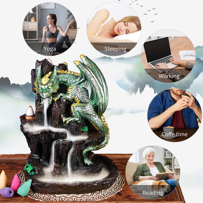 Zvaiuk Dragon Backflow 2 Sided Mountain Waterfall Incense Burner,Fountain Smoke Incense Holder with Backflow Incense Cones, Tweezers, Mat，Resin Aromatherapy Meditation (Green)