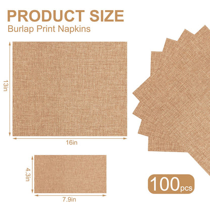 Perthlin 100 Pcs Burlap Paper Napkins Disposable Dinner Napkins 13''x16'' Burlap Print Decorative 2 Ply Rustic Cloth Like Paper Napkin for Bathroom Wedding Birthday Cocktail Party