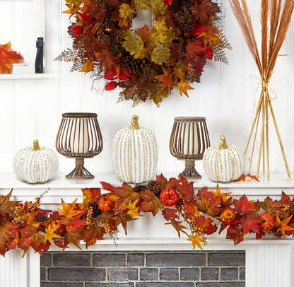 Gift Boutique Set of 3 White Gold Beaded Pumpkins Fall Harvest Home Décor for Thanksgiving Tabletop, Mantle, Shelf, Kitchen, Office, Tiered Tray