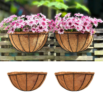 LaLaGreen Wall Hanging Planters, 2 Pack, 12 Inch Wall Mounted Flower Baskets with Coco Liner, Metal Iron Wire Plant Holder for Outdoor Window Box Herb Outside Fence Railing Deck Porch Balcony Garden