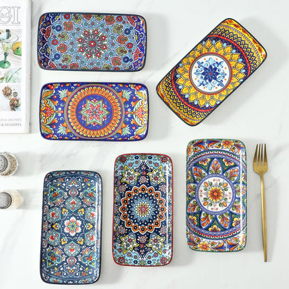 glowworm Porcelain Appetizer Plates Set of 6, 8.5 Inch Salad Plates for Sushi, Dessert, Rectangular Serving Platters, Serving Tray for Party, Kitchen, Microwave & Oven Safe, Bohemian
