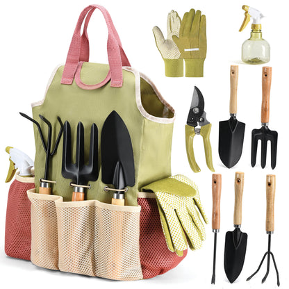 Gardening Tools Set of 10 - Complete Heavy Duty Garden Tools Set with Fashion Handbag - Durable Gardening Supplies Kit Ideal Garden Gifts for Women