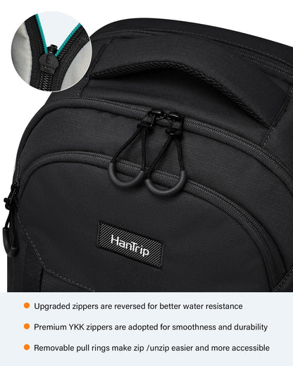 HanTrip Travel Laptop Backpack Carry On, 18 Inch Large Work Backpack School Book Bags, Light Water Resistant Backpacks for Women Men with Luggage Strap Water Bottle Pocket Chest Strap, Black
