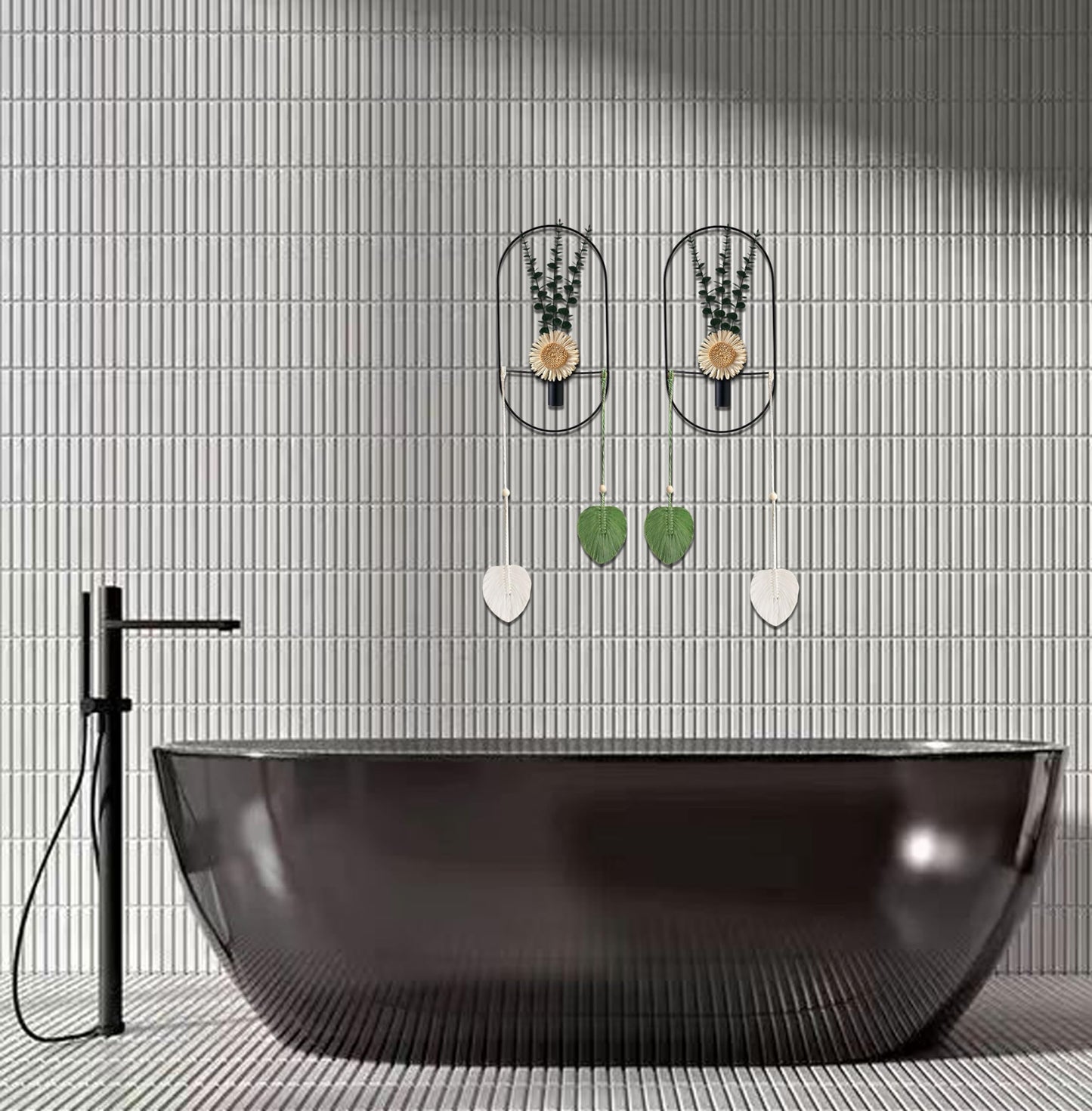 Black Wall Mounted Metal Planter, 2 Piece Set, Large Wall Hanging Vase with Faux Plants, Plant Wall Decor for Living Room, Bedroom, Bathroom, Dining Room