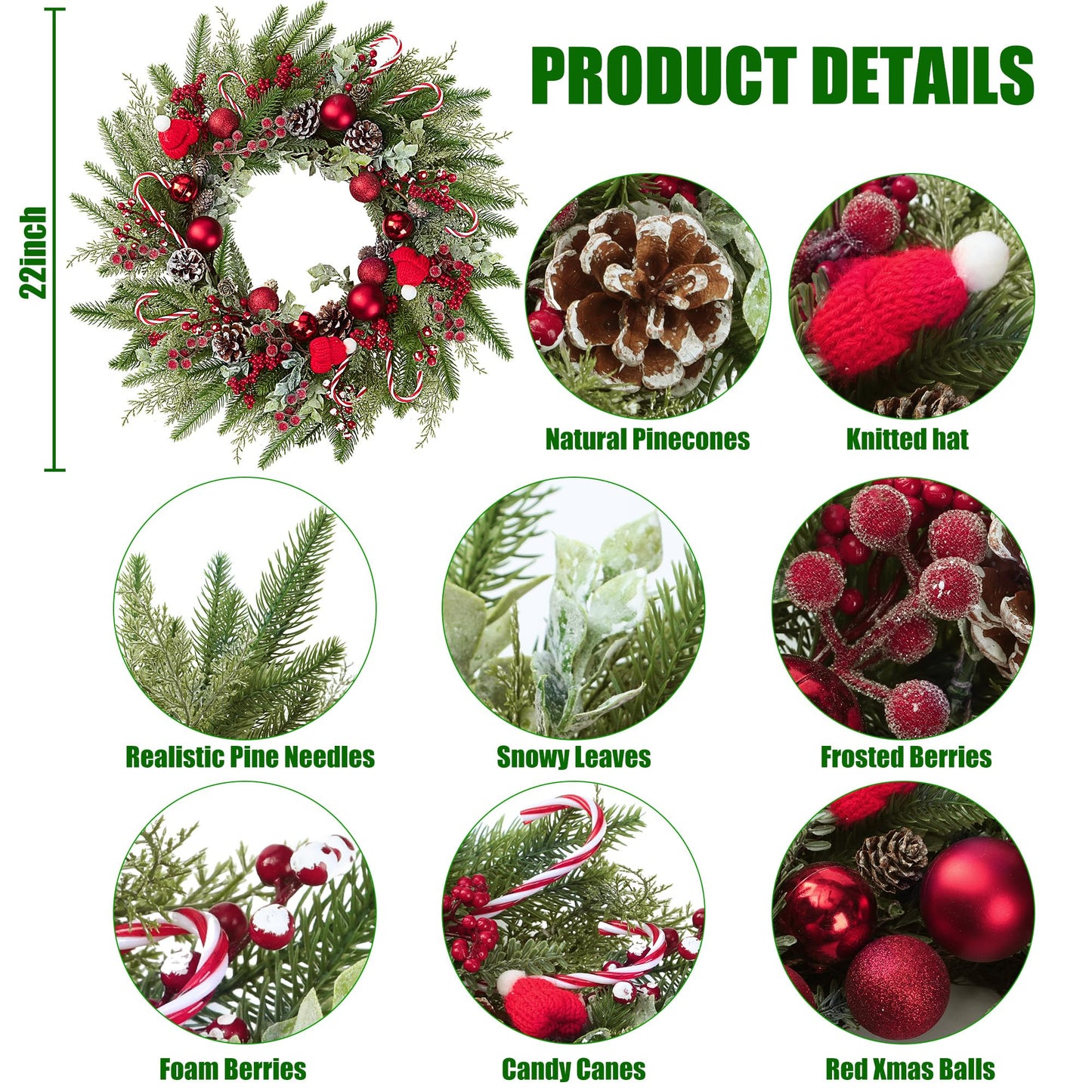 22’’ Artificial Christmas Wreath for Front Door with Red Balls Candy Canes Pine Needles Red Berries Pine Cones Christmas Decorations for Winter Wall Outdoor Home Holiday Xmas Decor