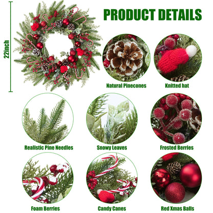 22’’ Artificial Christmas Wreath for Front Door with Red Balls Candy Canes Pine Needles Red Berries Pine Cones Christmas Decorations for Winter Wall Outdoor Home Holiday Xmas Decor