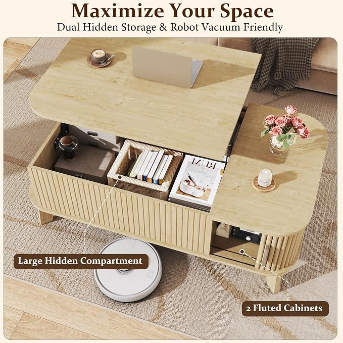 HUAHUU Coffee Table with Storage, 37.4" Lift Top Table for Living Room, Mid Century Modern Coffee Table with Sliding Fluted Doors for Small Space, Light Oak