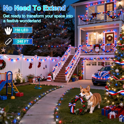 XIKENGSHQ 240FT 750LED Christmas String Lights, Waterproof, 12 Modes, Red Blue White, Green Wire, for Indoor/Outdoor Decor