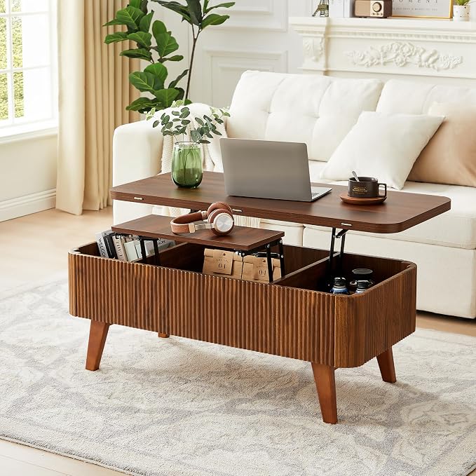 3 in 1 Lift Top Coffee Table, Fluted Convertible Coffee Tables Converts to Dining Tables, Modern Oval Wooden Center Table with Storage for Living Room Office Small Space, Partial Assembly (Walnut)