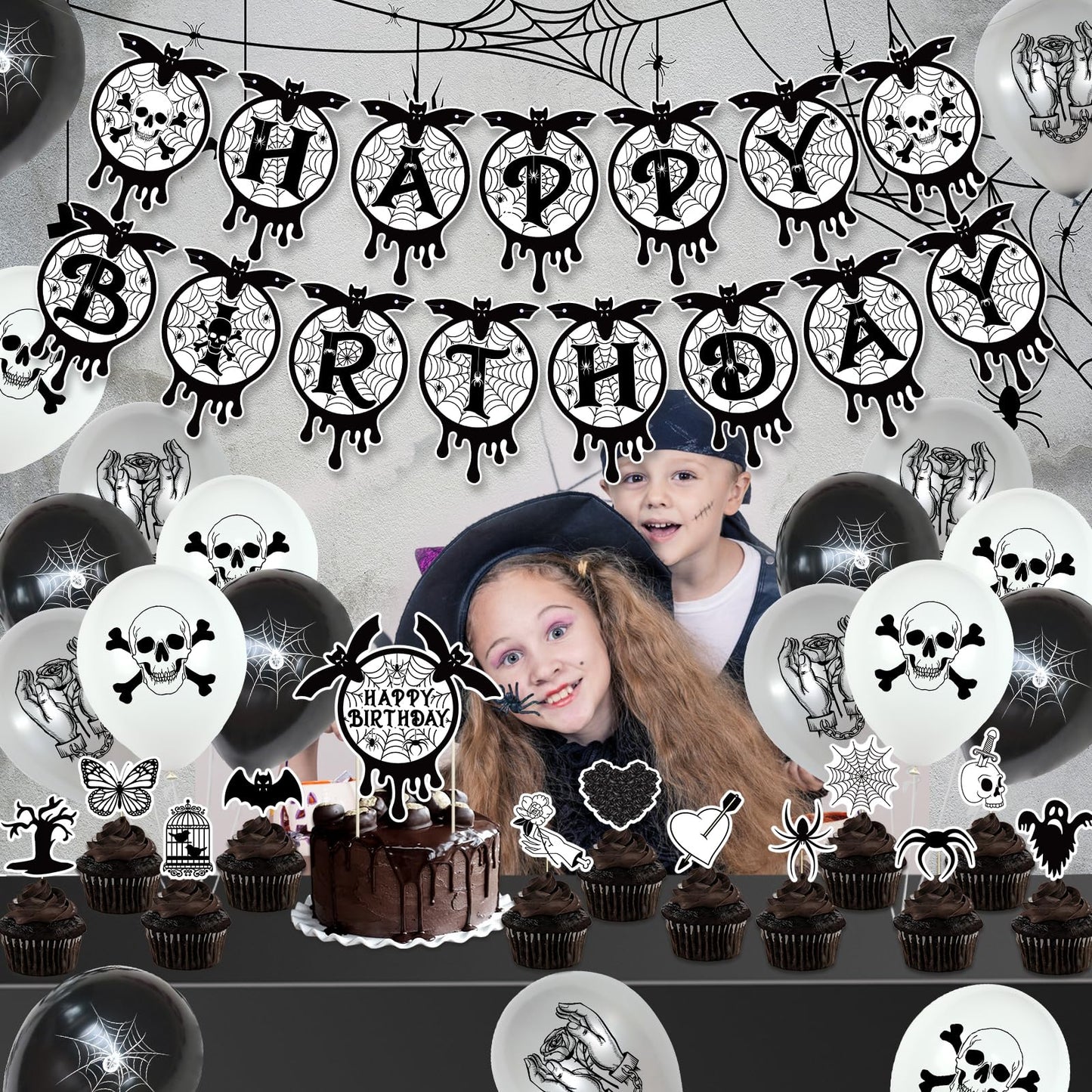 Gothic Black and Silver Horror Theme Birthday Party Supplies Funeral Decorations with Balloons Die Cut Skulls Hearts Ghosts Bats Spiders and Screaming Faces Halloween Party Supplies
