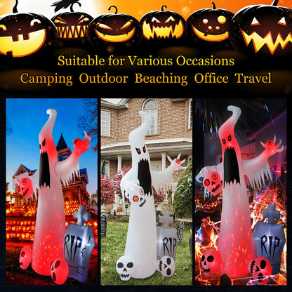 HOPOCO 12 FT Halloween Inflatables Outdoor Halloween Blow Up Yard Decorations Horror White Ghost with 3 Skull Heads Bleeding Eyeball Tombstone Halloween Decorations Clearance for Party Yard Garden