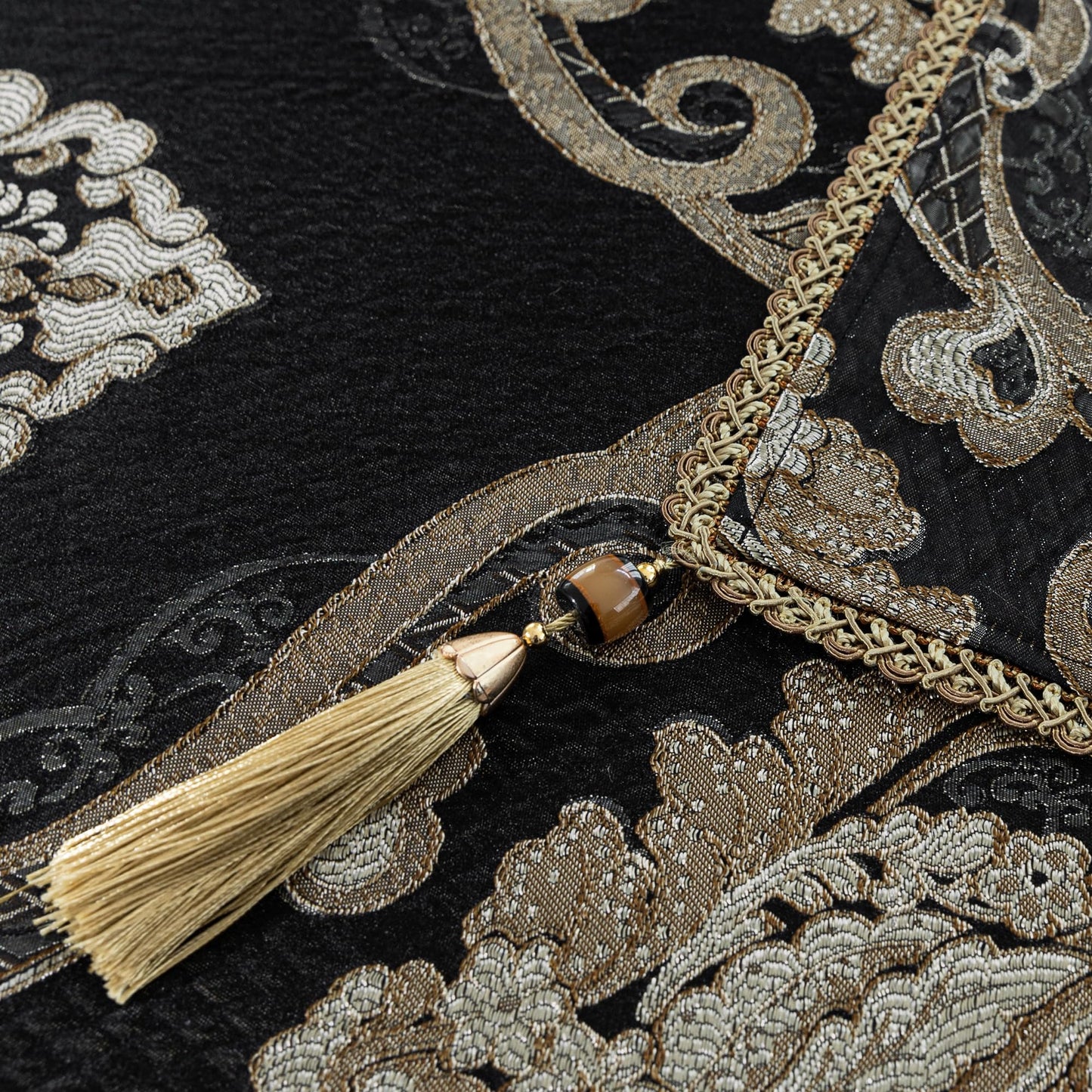 Loom and Mill Black Tablecloth 60 x 120 Inches, Classic Jacquard Rectangle Table Cover with Handmade Tassels for Halloween Dining Room Banquet Decorations (Black, 60"x120")