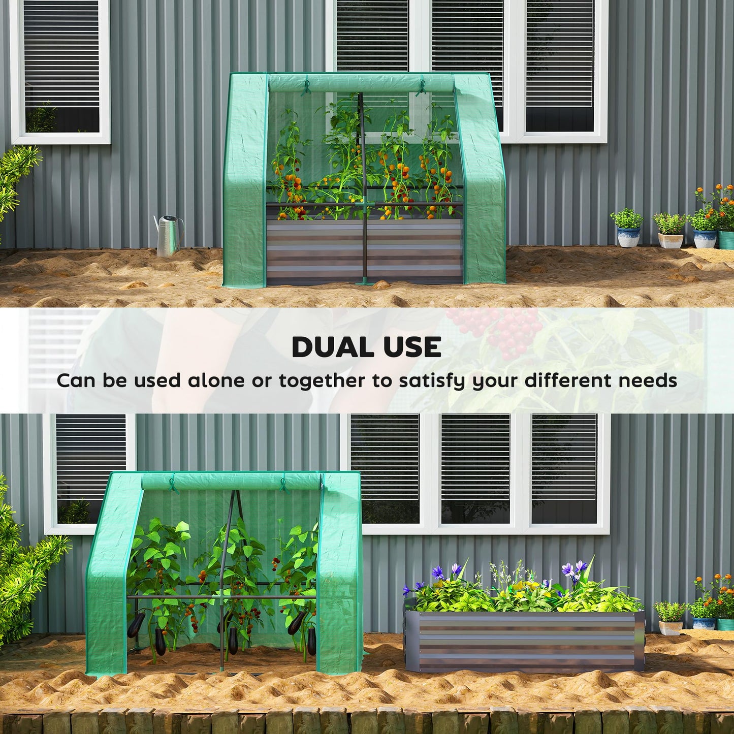 Outsunny 4 x 3ft Metal Planter Box with Mini Greenhouse, Galvanized Raised Garden Bed with Cover for Herbs and Vegetables, Small Greenhouse for Patio Garden Balcony, Green and Dark Gray