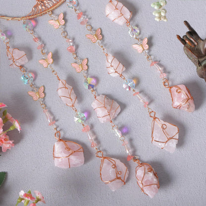 Pink Dream Catchers Crystal Tree of Life Dreamcatcher with Rose Quartz Butterfly Crystal Suncatcher for Windows Hangings Prism Decor Wall Bedroom Decoration Gifts for Boys Adults